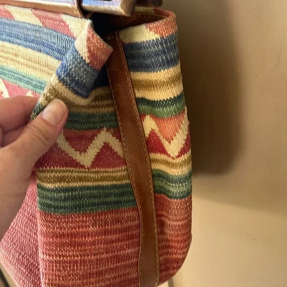 Vintage Boho Southwestern Textile Purse with Leather Trim Convertible Strap